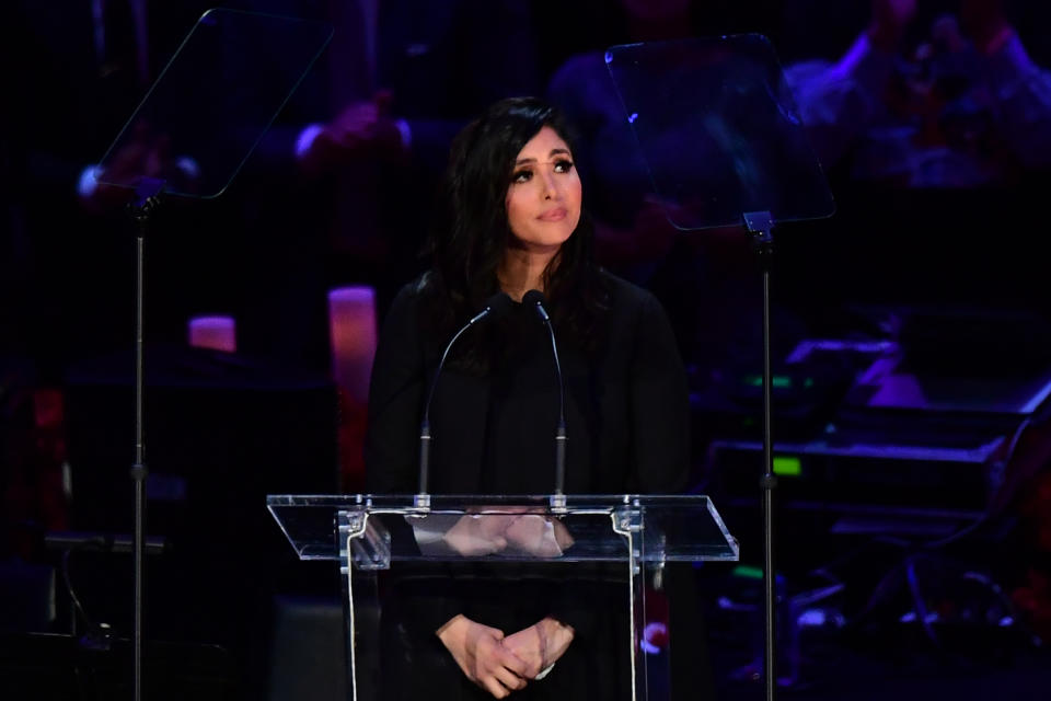 Kobe Bryant's wife, Vanessa, arrives to speak during the "Celebration of Life for Kobe and Gianna Bryant" service at Staples Center in Los Angeles on February 24, 2020. 