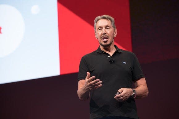 Oracle co-founder Larry Ellison speaks at Oracle's OpenWorld conference several years ago.