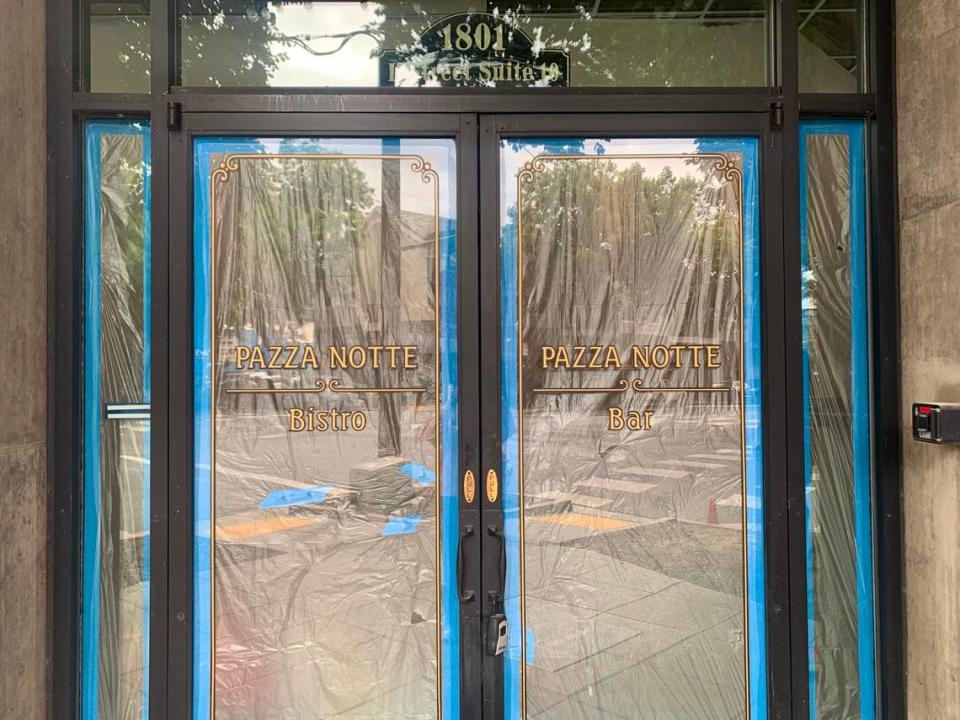 The doors to Pazza Notte Restaurant at 1801 L St., Sacramento, are covered on Saturday, Sept. 2, 2023. The New York City business first announced the expansion in July 2022 with an original opening date of spring 2023.