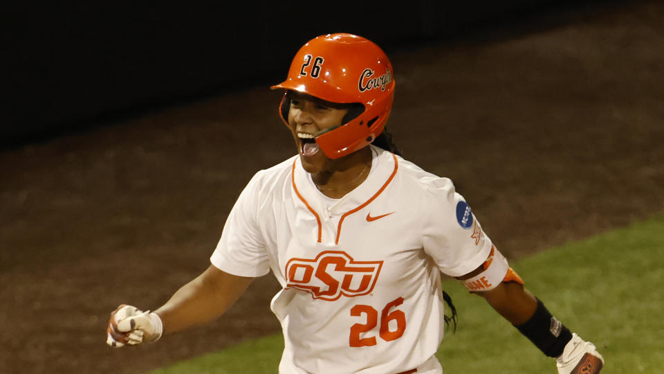 Oklahoma State's Morgyn Wynne during an NCAA softball game against Oregon on Thursday, May 25, 2023, in Stillwater, Okla. (AP Photo/Garett Fisbeck)