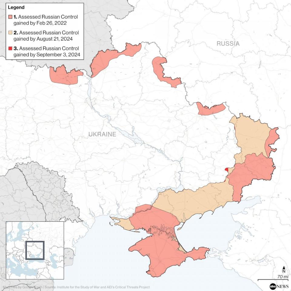 PHOTO: This map shows the territory in Ukraine assessed to be occupied by Russian forces at various stages during the war – about two days into the war, as of about two weeks ago and currently. (Institute for the Study of War and AEI's Critical Threats Project)