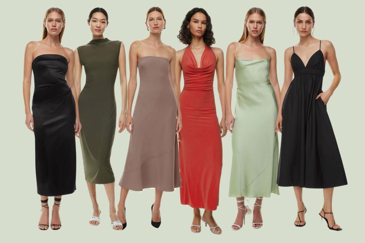 aritzia models wearing wedding guest dresses for wedding season, spring and summer weddings