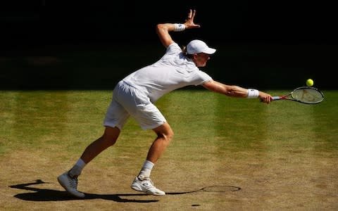 LONDON, ENGLAND - JULY 15: Kevin Anderson of South Africa returns against Novak Djokovic of Serbia during the Men's Singles final on day thirteen of the Wimbledon Lawn Tennis Championships at All England Lawn Tennis and Croquet Club on July 15, 2018 in London, England - Credit: Getty Images