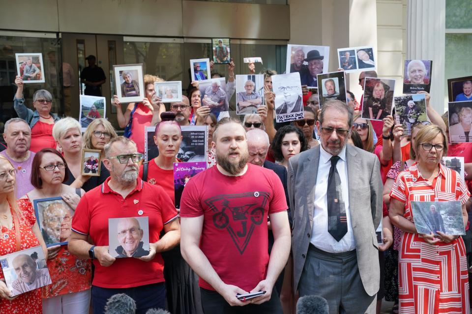 Matt Fowler (centre), co-founder of Covid Bereaved Families For Justice, has given evidence to the UK Covid-19 Inquiry (Lucy North/PA) (PA Wire)