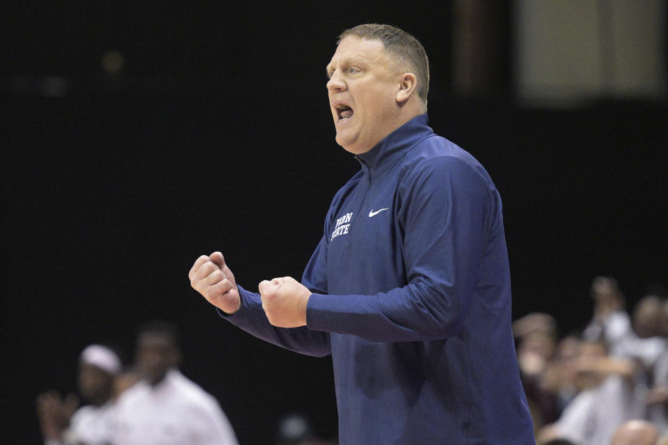 Penn State head coach Mike Rhoades reacts after a play during the first half of an NCAA college basketball game against Texas A&M, Thursday, Nov. 23, 2023, in Kissimmee, Fla. (AP Photo/Phelan M. Ebenhack)