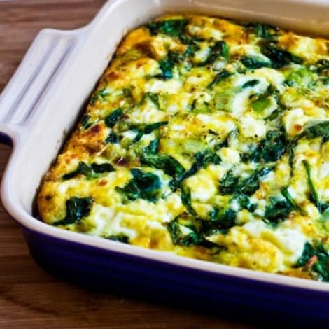 Breakfast Casserole with Spinach, Leeks, Cottage Cheese, and Goat Cheese