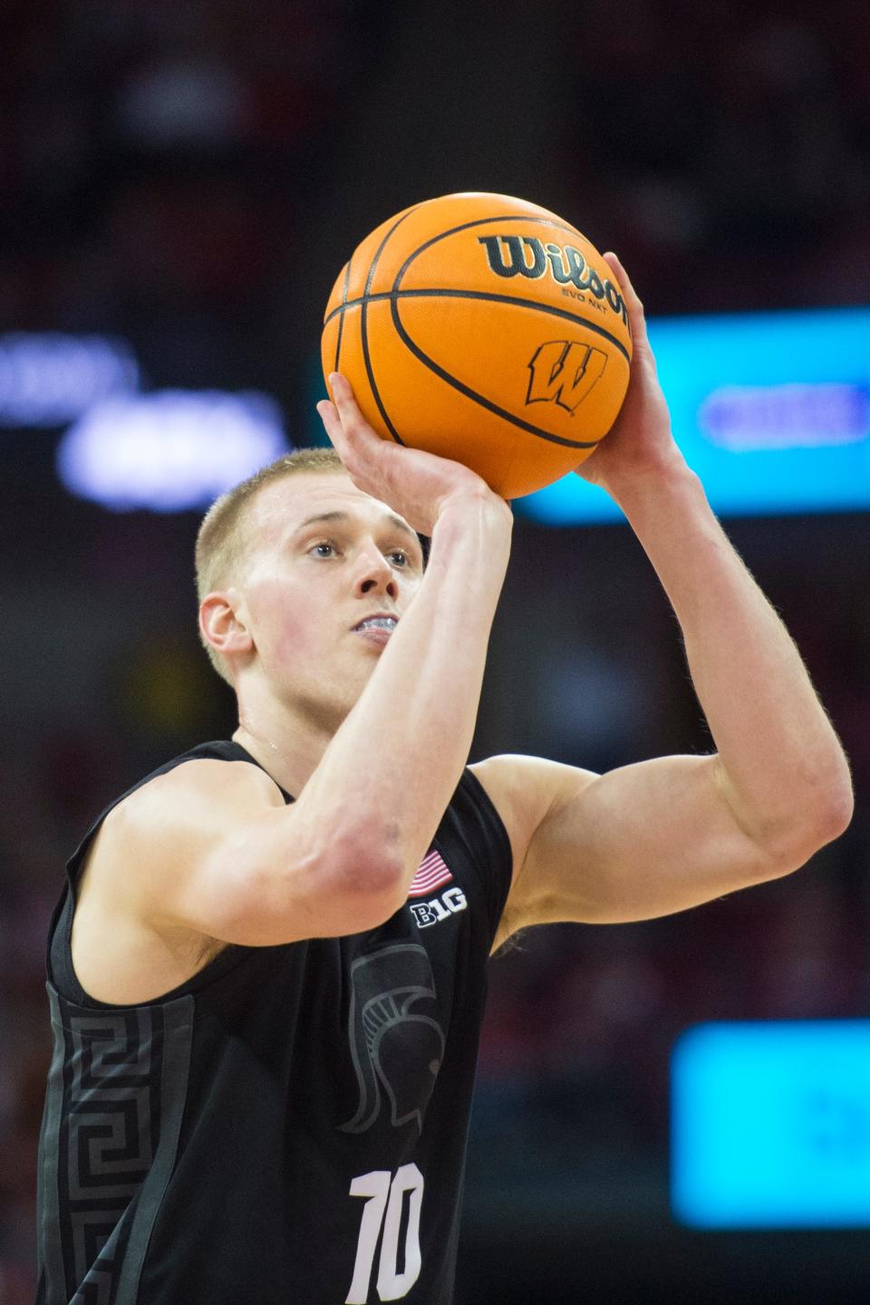 Michigan State Spartans forward Joey Hauser shoots a free throw during the first half against the Wisconsin Badgers at the Kohl Center, Jan. 10, 2023 in Madison, Wis.