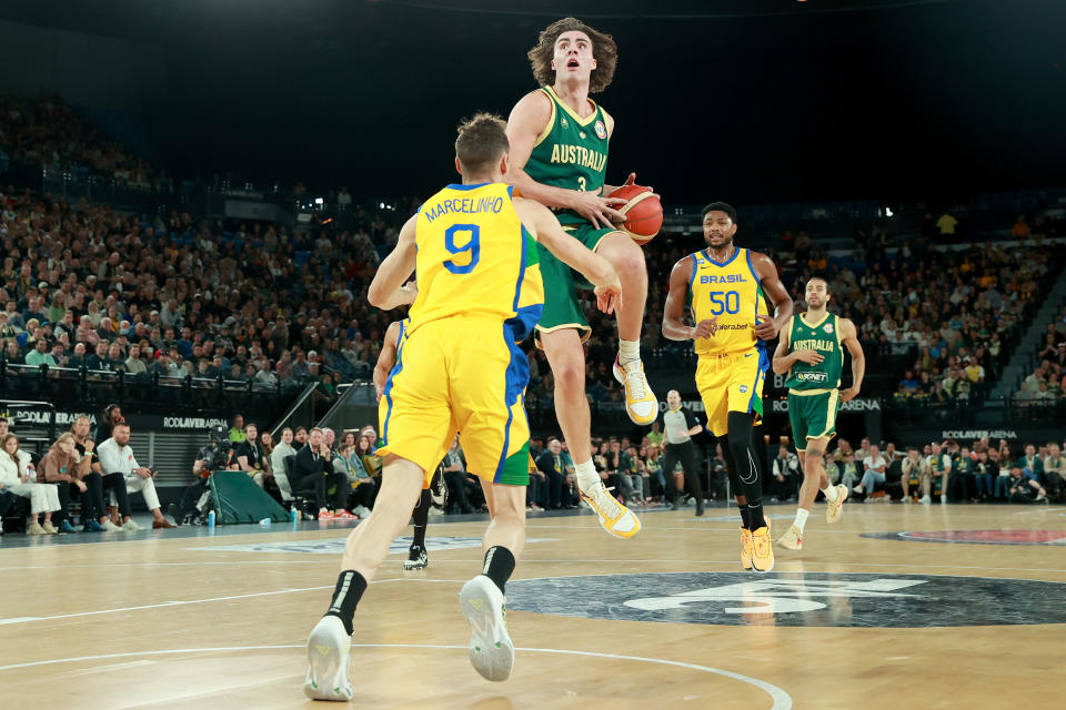 MELBOURNE, AUSTRALIA – AUGUST 16: Josh Giddey of Australia shoots during the match between the Australia Boomers and Brazil at Rod Laver Arena on August 16, 2023 in Melbourne, Australia. (Photo by Kelly Defina/Getty Images)