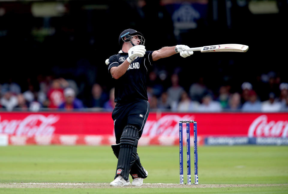 New Zealand's Colin de Grandhomme reacts as a ball hits him on the shoulder during the ICC World Cup Final at Lord's, London.