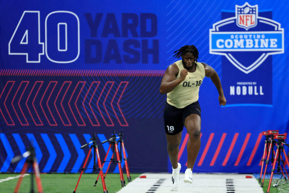 Offensive tackle Olu Fashanu of the Penn State participates in the 40 yard dash during the NFL Combine at Lucas Oil Stadium on March 3, 2024, in Indianapolis, Indiana. / Credit: Justin Casterline / Getty Images