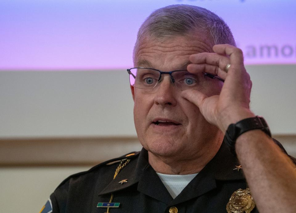 Doug Carter, the Indiana State Police superintendent, talks with media members on Thursday, Oct. 12, 2023. Carter recently criticized a Marion County judge following the death of three people in a high speed chase on the eastern side of Indianapolis.