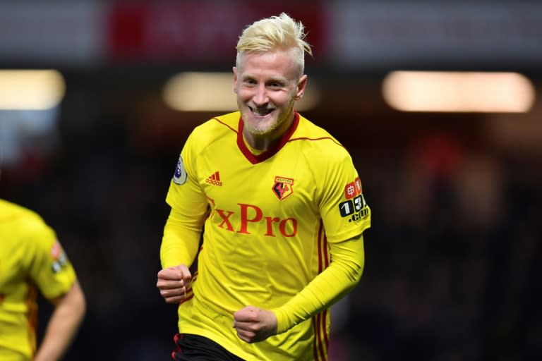 Watford's midfielder Will Hughes celebrates scoring against West Ham United at Vicarage Road Stadium in Watford, north of London on November 19, 2017