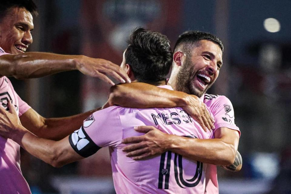 Inter Miami FC captain Lionel Messi (10) celebrates with teammates after scoring a goal in the first half of a Leagues Cup match against Dallas FC at TOYOTA Stadium in Frisco, Texas on Sunday, Aug. 6, 2023.