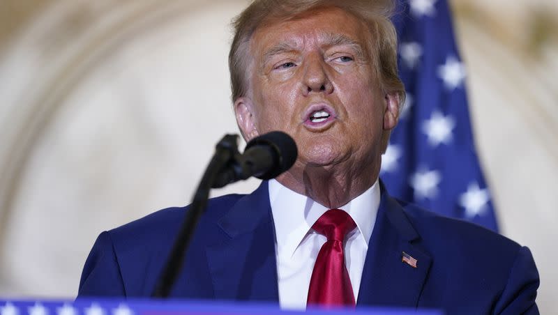 Former President Donald Trump speaks at his Mar-a-Lago estate Tuesday, April 4, 2023, in Palm Beach, Fla., after being arraigned earlier in the day in New York City.