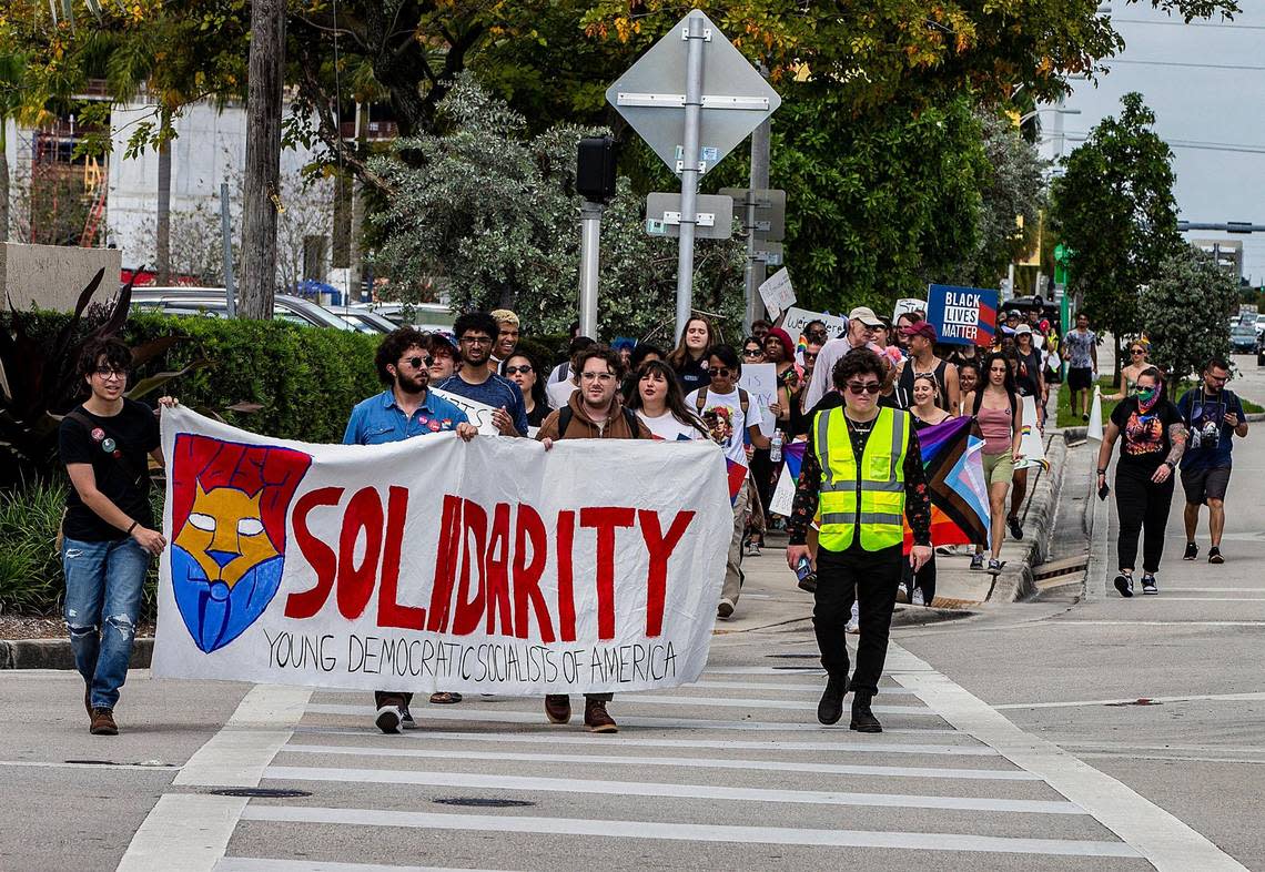 A group of Florida International University students, staff and community members marched through the campus and the streets during the “Fight for Florida Students and Workers” protest on Thursday, Feb. 23, 2023.