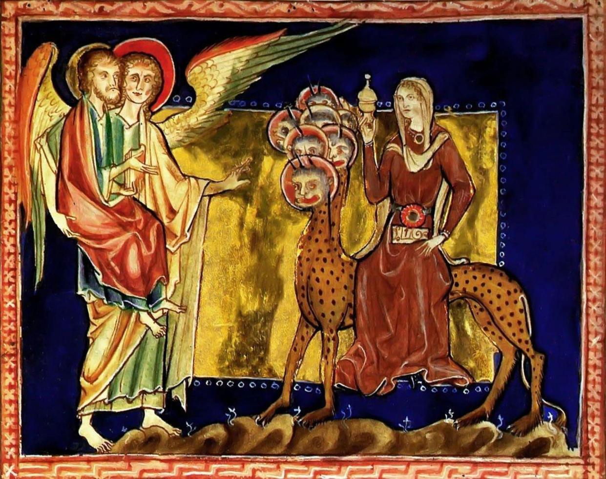 The Whore of Babylon, from the 13th-century Lambeth Apocalypse, an illustrated Book of Revelation