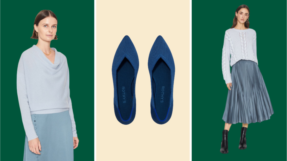 A monochromatic outfit is a year-round style hack, and we love these shades of Pacific Blue for the holidays.