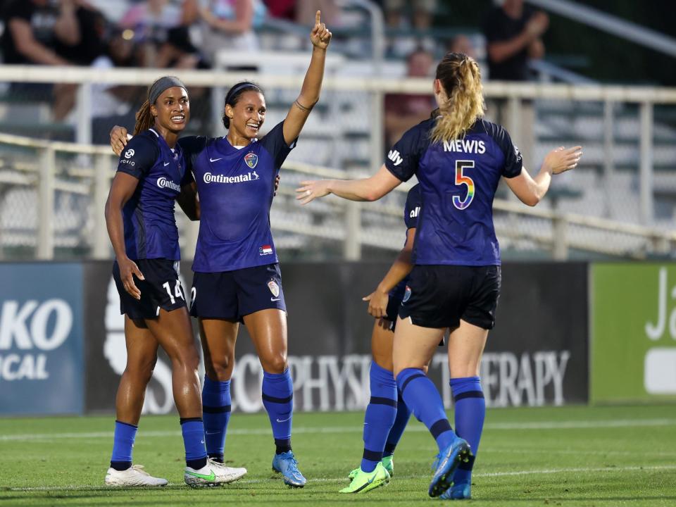 North Carolina Courage players wore rainbow Pride numbers on their jerseys during a June 2021 match.