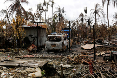 FILE PHOTO: A car is seen near a house that was burnt down during the last days violence in Maungdaw, Myanmar August 31, 2017. RETUERS/Soe Zeya Tun/File Photo