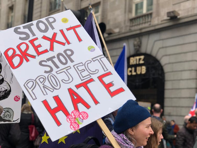 <span class="caption">Brexit has been a divisive issue in the UK.</span> <span class="attribution"><a class="link " href="https://www.shutterstock.com/image-photo/brexit-protest-march-woman-holding-sign-1347032426" rel="nofollow noopener" target="_blank" data-ylk="slk:Shutterstock;elm:context_link;itc:0;sec:content-canvas">Shutterstock</a></span>