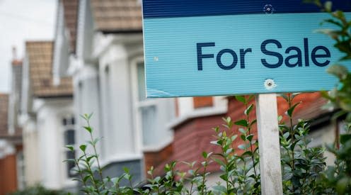 <span class="caption">UK house prices fell in April 2024 according to one national index – but it probably won't do much to aid affordability.</span> <span class="attribution"><a class="link " href="https://www.shutterstock.com/image-photo/sale-estate-agency-sign-on-street-2366236911" rel="nofollow noopener" target="_blank" data-ylk="slk:William Barton/Shutterstock;elm:context_link;itc:0;sec:content-canvas">William Barton/Shutterstock</a></span>