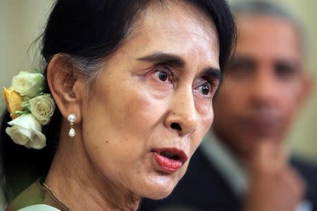 Myanmar's State Counsellor Aung San Suu Kyi talks to the media during a bilateral meeting with U.S. President Barack Obama at the Oval Office of the White House in Washington, D.C., U.S. September 14, 2016. REUTERS/Carlos Barria