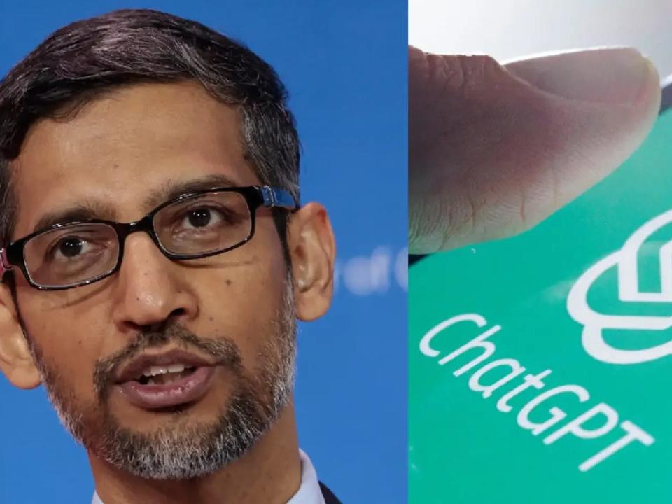 sundar pichai (left) chatgpt logo on a phone (right)