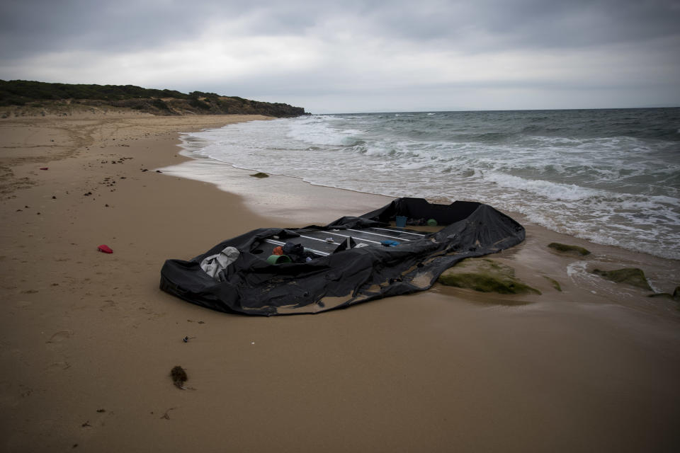 FILE - In this Thursday, June 28, 2018 file photo, a rubber dinghy used by Moroccan migrants is seen near Tarifa, in the south of Spain. Spain appears to have stemmed a surge in illegal migration that made it the main Mediterranean entry point for migrants seeking ways into Europe by increasing Morocco's involvement in border control. (AP Photo/Emilio Morenatti, File)