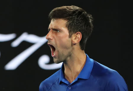 Tennis - Australian Open - First Round - Melbourne Park, Melbourne, Australia, January 15, 2019. Serbia’s Novak Djokovic reacts during the match against Mitchell Krueger of the U.S. REUTERS/Lucy Nicholson