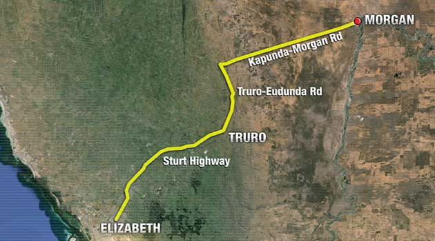 A map showing where polcie tracked the vehicle from Adelaide to the Riverland. Photo: 7News.