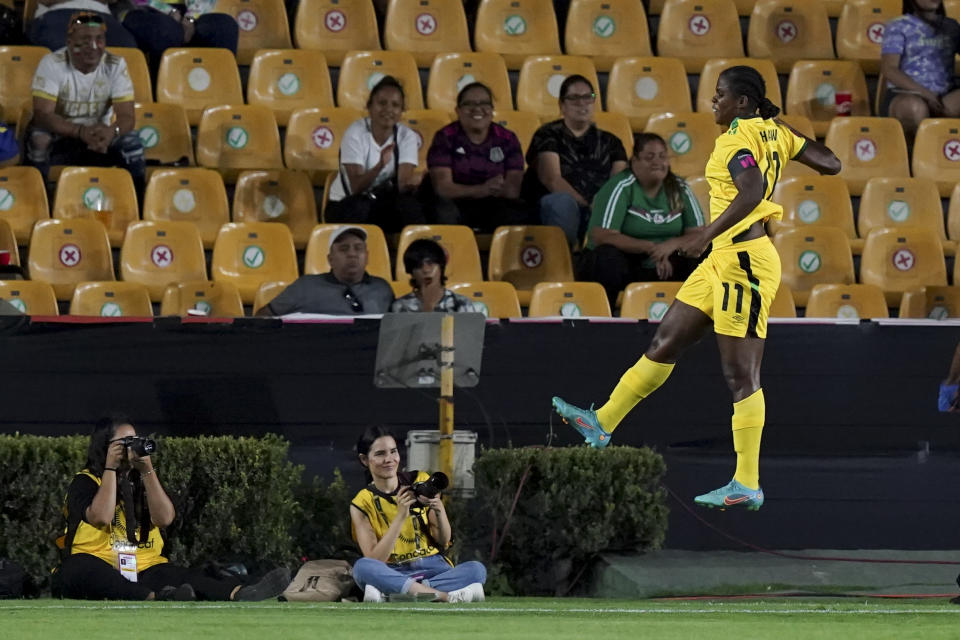 Jamaica's Khadija Shaw celebrates scoring the opening goal against Mexico during a CONCACAF Women's Championship soccer match in Monterrey, Mexico, Monday, July 4, 2022. (AP Photo/Fernando Llano)