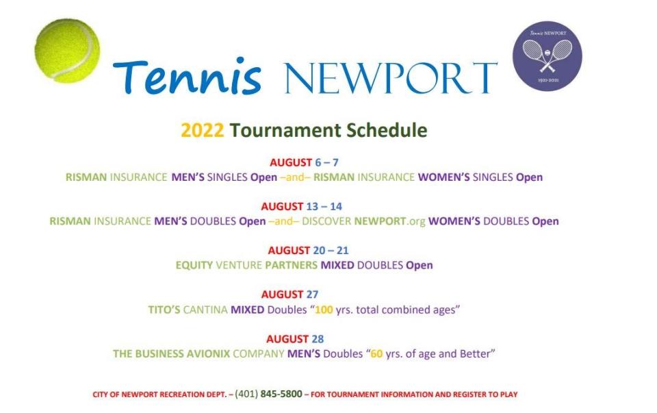 The Newport Recreation Department 2022 tennis tournament schedule.