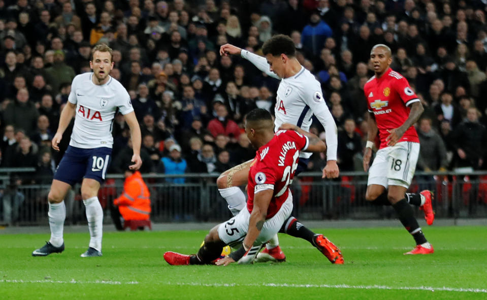 Alli was convinced he should have been awarded a penalty after this challenge from Antonio Valencia at Wembley