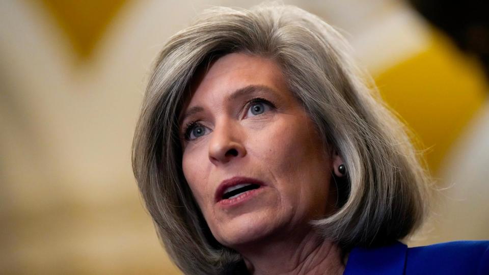 PHOTO: Sen. Joni Ernst speaks to reporters following a closed-door lunch meeting with Senate Republicans at the U.S. Capitol October 17, 2023 in Washington, DC. (Drew Angerer/Getty Images)