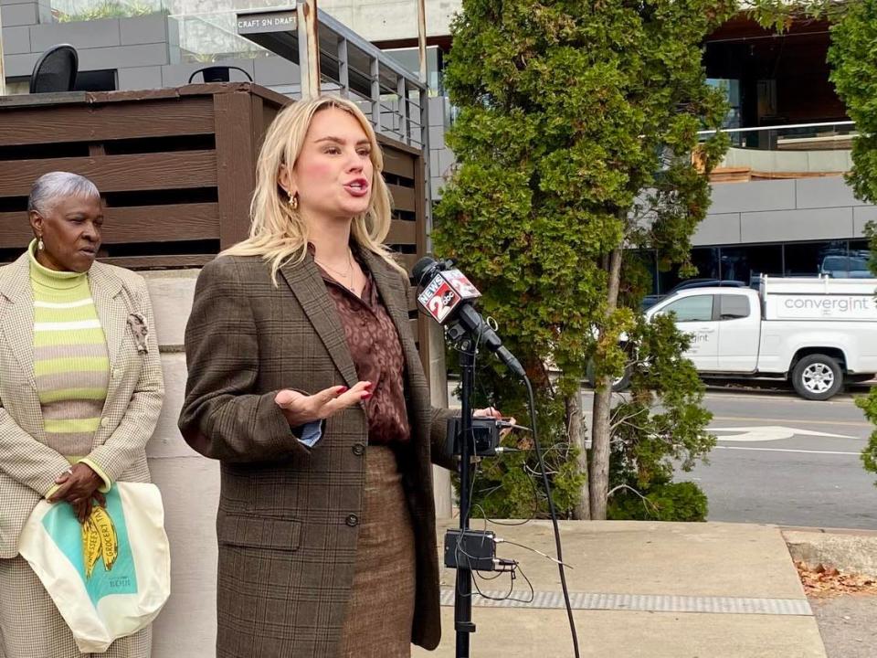 Tennessee State Rep. Aftyn Behn, D-Nashville, announces legislation to eliminate Tennessee's grocery sales tax at The Turnip Truck Natural Market in Nashville on Nov. 20, 2023.