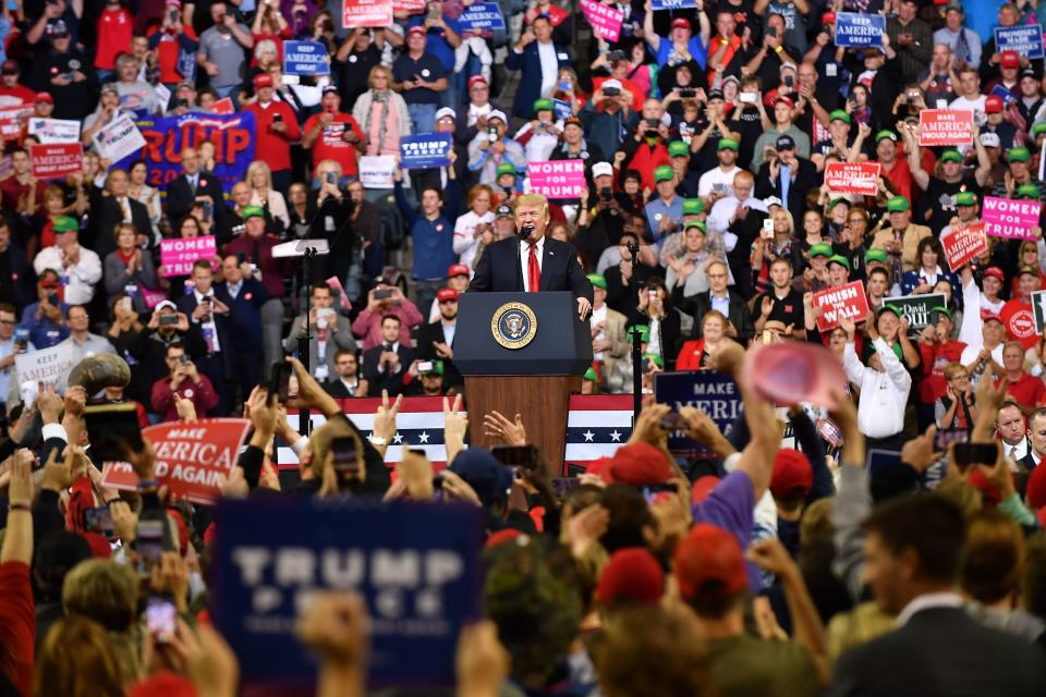 President Trump speaks during a rally at the Mid-America Center in Council Bluffs, Iowa, on Oct. 9. (Photo: Mandel Ngan/AFP/Getty Images)