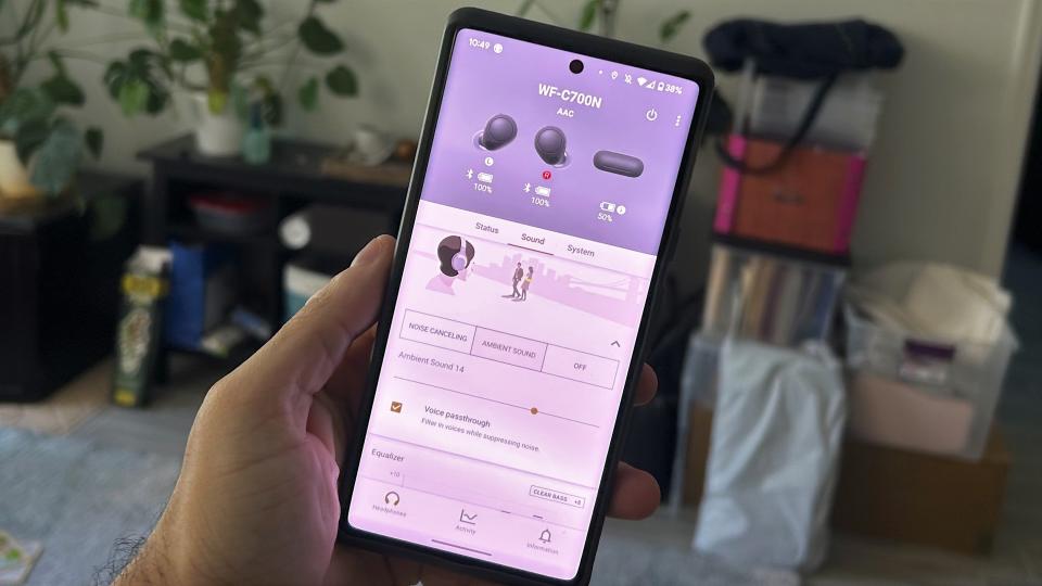 Sony Headphone Connect app showing ambient control for WF-C700N ANC earbuds