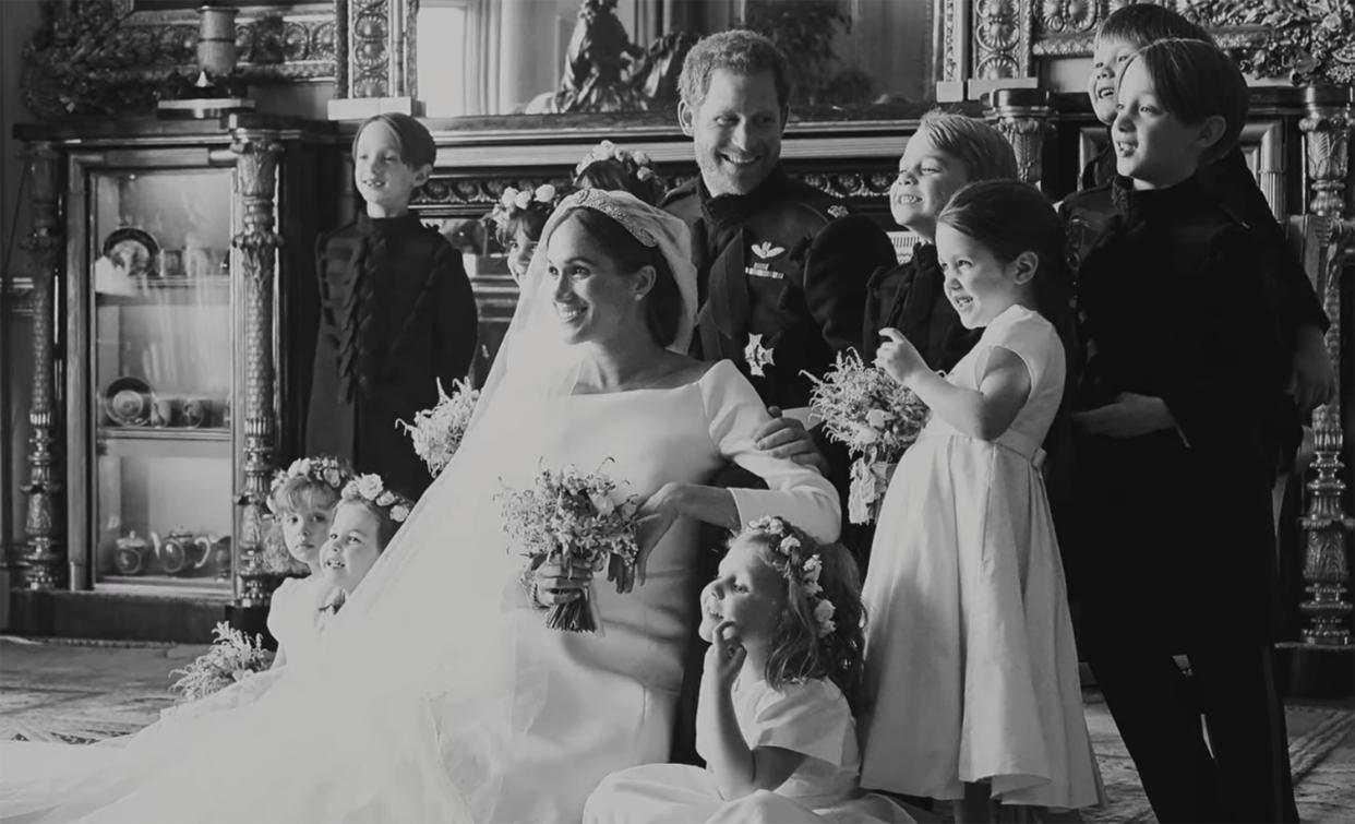 The Duke and Duchess pose with their flower girls and pageboys on their wedding day in 2018. (Netflix)