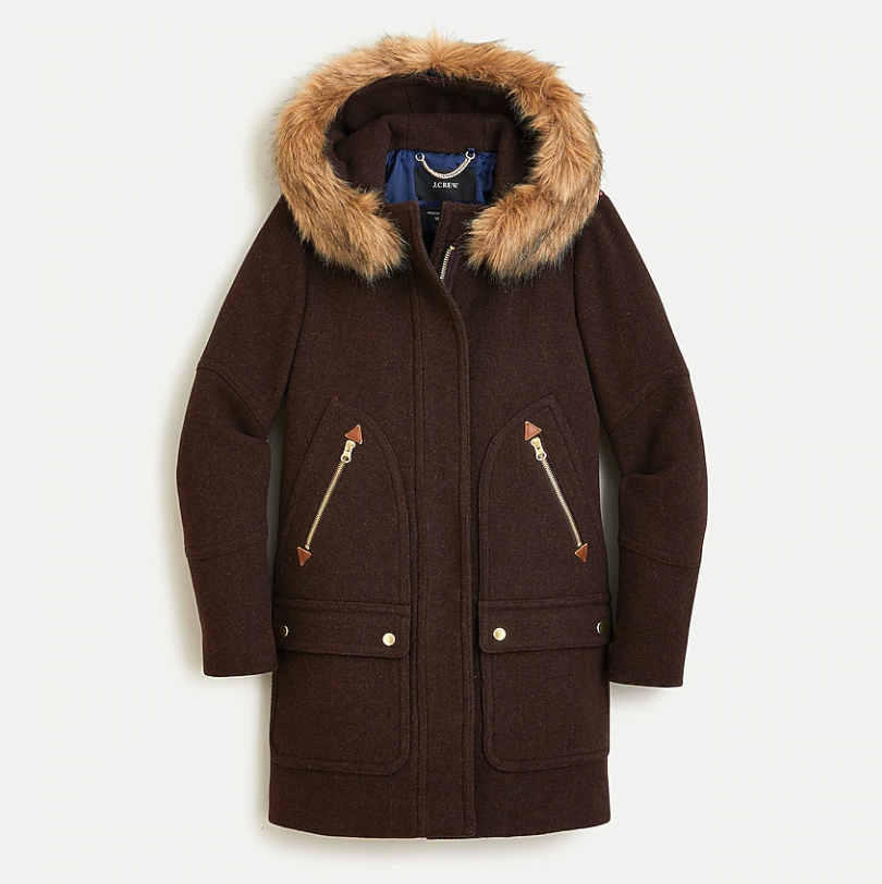 The Duchess of Sussex chose the J.Crew Chateau Parka in Heather Dark Walnut. Image via J.Crew.