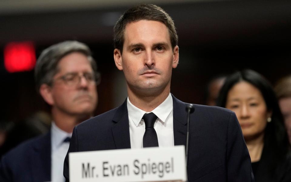 Snap chief Evan Spiegel listens during a Senate Judiciary Committee hearing on Capitol Hill on Jan 31