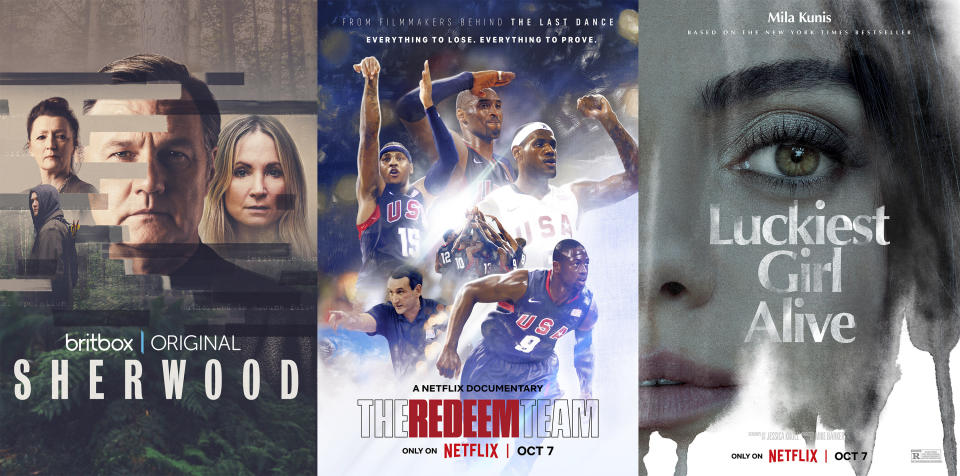 This combination of images shows promotional art for "Sherwood," a series premiering Oct. 4 on Britbox, left, "The Redeem Team," a documentary premiering Oct. 7 on Netflix and "Luckiest Girl Alive," a film premiering Oct. 7 on Netflix. (Britbox/Netflix/Netflix via AP)