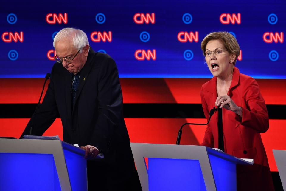 Sens. Bernie Sanders and Elizabeth Warren appeared to stick to their script of civility with each other. (Photo: BRENDAN SMIALOWSKI via Getty Images)