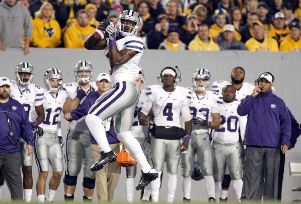 Chris Harper #3 of the Kansas State Wildcats pulls in a catch against the West Virginia Mountaineers during the game on October 20, 2012 at Mountaineer Field in Morgantown, West Virginia. (Photo by Justin K. Aller/Getty Images)