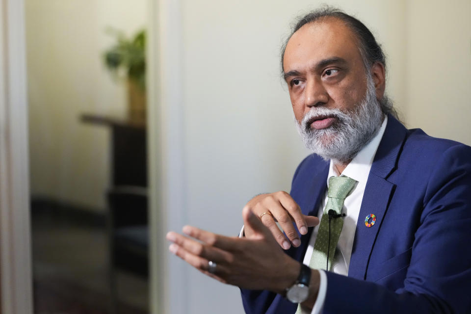 Amandeep Singh Gill, the United Nations tech policy chief, speaks during an interview with The Associated Press, Friday, Sept. 22, 2023, at U.N. headquarters. (AP Photo/Mary Altaffer)