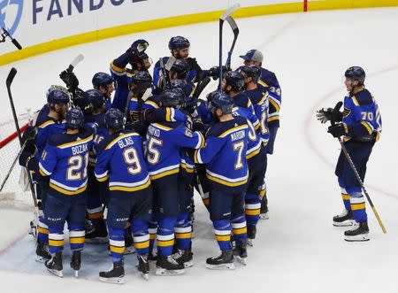 May 21, 2019; St. Louis, MO, USA; The St. Louis Blues celebrate their win over the San Jose Sharks in game six of the Western Conference Final of the 2019 Stanley Cup Playoffs at Enterprise Center. The St. Louis Blues won 5-1. Mandatory Credit: Billy Hurst-USA TODAY Sports