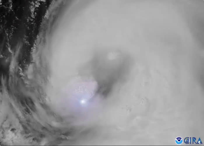 A satellite view of lightning from Hurricane Laura
