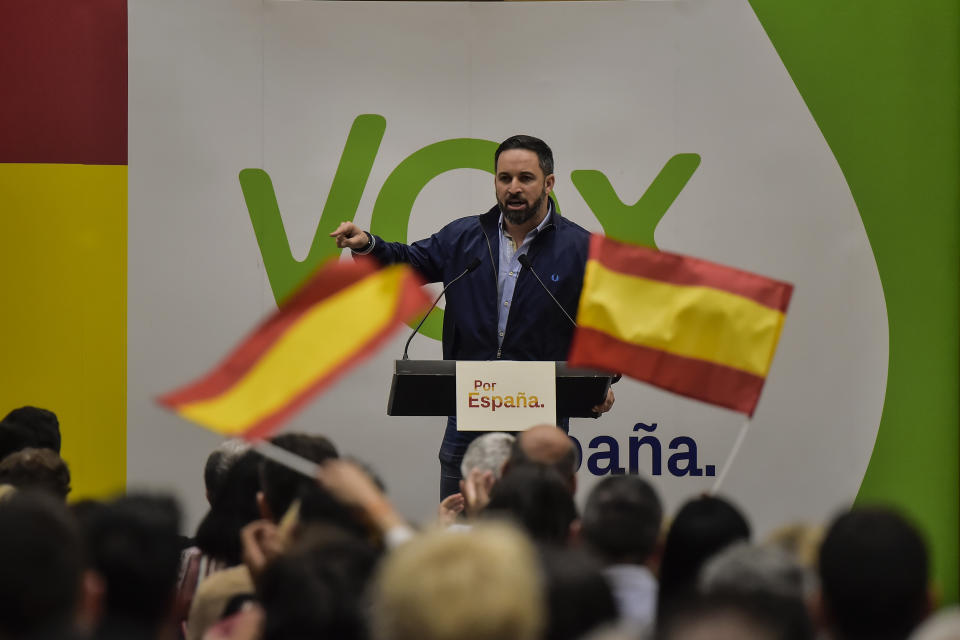 In this Saturday, April 13, 2019 photo, Santiago Abascal, leader of Spanish far right party Vox, takes part in an electoral meeting during the General Election campaign, in San Sebastian, northern Spain. (AP Photo/Alvaro Barrientos)