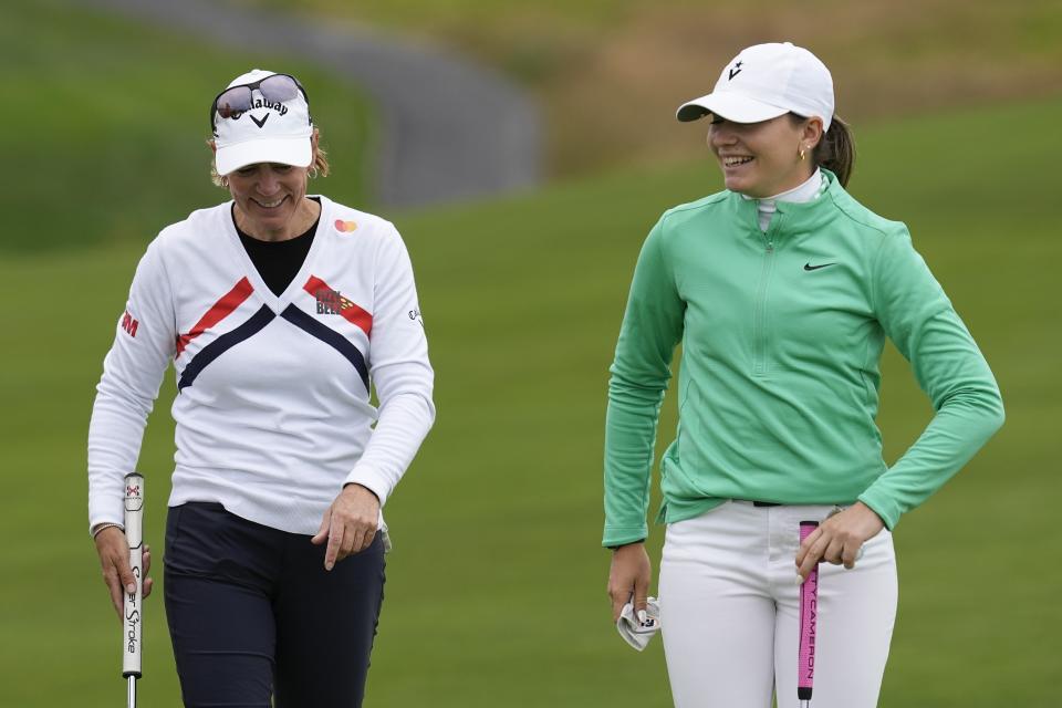 Annika Sorenstam, of Sweden, and Sadie Englemann walk to the sixth green during a practice round for the U.S. Women's Open golf tournament at the Pebble Beach Golf Links, Wednesday, July 5, 2023, in Pebble Beach, Calif. (AP Photo/Darron Cummings)