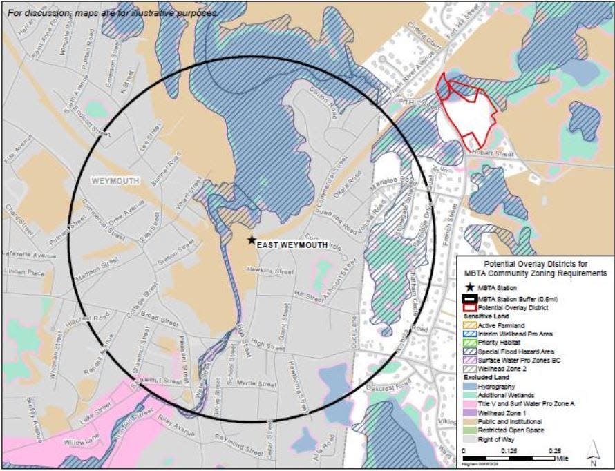 One area that the town of Hingham selected for an MBTA multifamily housing zoning overlay district, outlined in red, is located on French Street between the East Weymouth and West Hingham stations on the Greenbush commuter rail line.