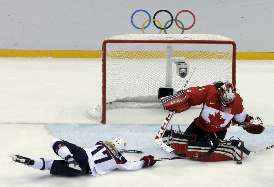 Goalkeeper Shannon Szabados of Canada (1) blocks a shot by Jocelyne Lamoureux of the United States (17) during the women's gold medal ice hockey game at the 2014 Winter Olympics, Thursday, Feb. 20, 2014, in Sochi, Russia. (AP Photo/David J. Phillip )